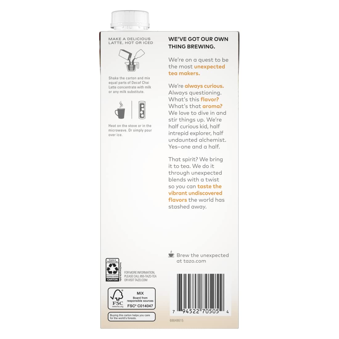 Decaf Chai Latte, Black Tea Concentrate, Easy-To-Serve Chai Tea for Everyday Lattes, Hot or Iced Tea and Mocktails, 32 Oz Tea Mix Carton