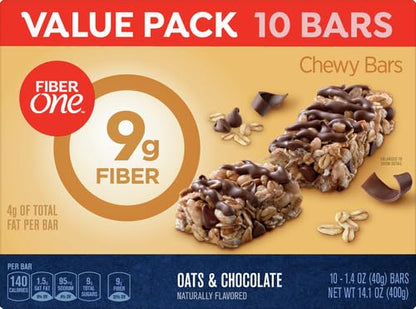 Chewy Bars, Oats and Chocolate, Fiber Snacks, Value Pack, 10 Ct, 14.1 Oz