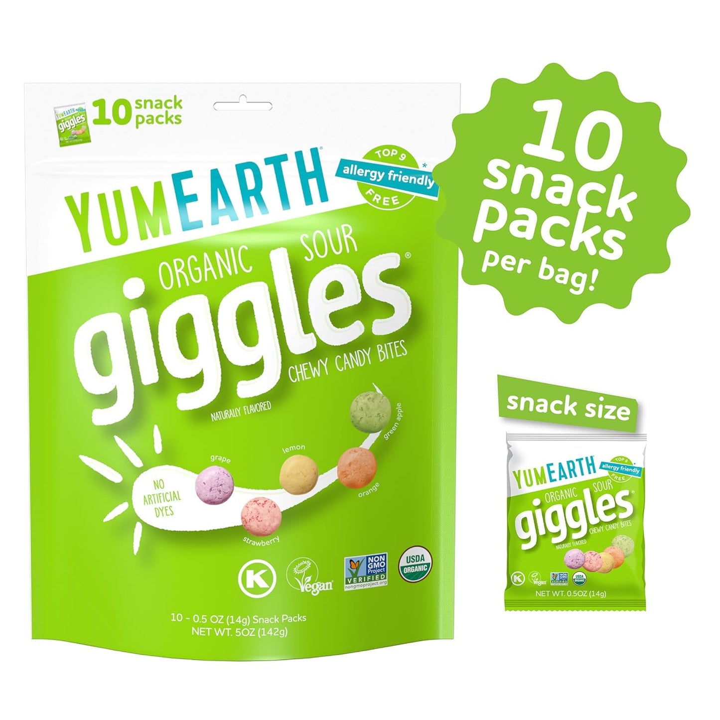 Organic Sour Giggles Chewy Candy - Allergy Friendly (Top 9 Free), No Artificial Dyes or Flavors, Non GMO, Gluten Free, Vegan - Individually Wrapped Sour Snack Packs - 0.5 Ounce (Pack of 10)