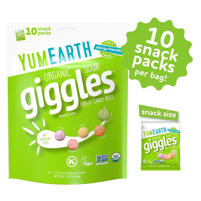 Organic Sour Giggles Chewy Candy - Allergy Friendly (Top 9 Free), No Artificial Dyes or Flavors, Non GMO, Gluten Free, Vegan - Individually Wrapped Sour Snack Packs - 0.5 Ounce (Pack of 10)