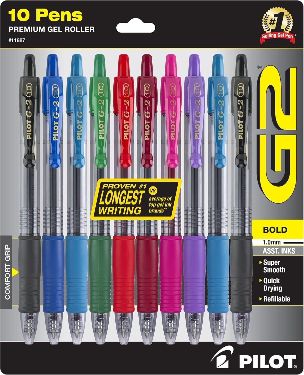 G2 Premium Retractable Gel-Ink Rolling Ball Pens, Bold Point (1.0Mm), Assorted, 10-Pack, (11887)