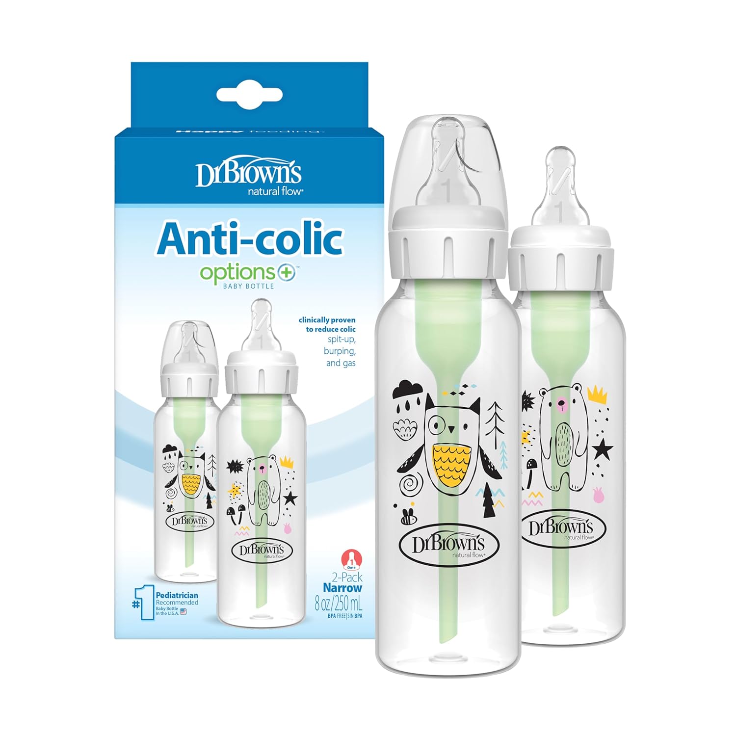Natural Flow Anti-Colic Options+ Narrow Baby Bottle, Bear & Owl, 8 Oz/250 Ml, with Level 1 Slow Flow Nipple, BPA Free, 0M+, 2-Pack
