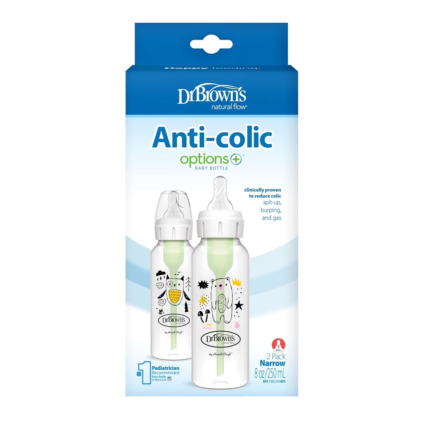 Natural Flow Anti-Colic Options+ Narrow Baby Bottle, Bear & Owl, 8 Oz/250 Ml, with Level 1 Slow Flow Nipple, BPA Free, 0M+, 2-Pack