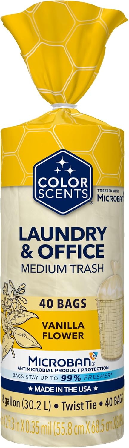 Medium Trash Bags - 8 Gallon, 40 Bags (1 Pack of 40 Bags) Twist Tie - Cream Color Bag in Vanilla Flower Scent with Microban