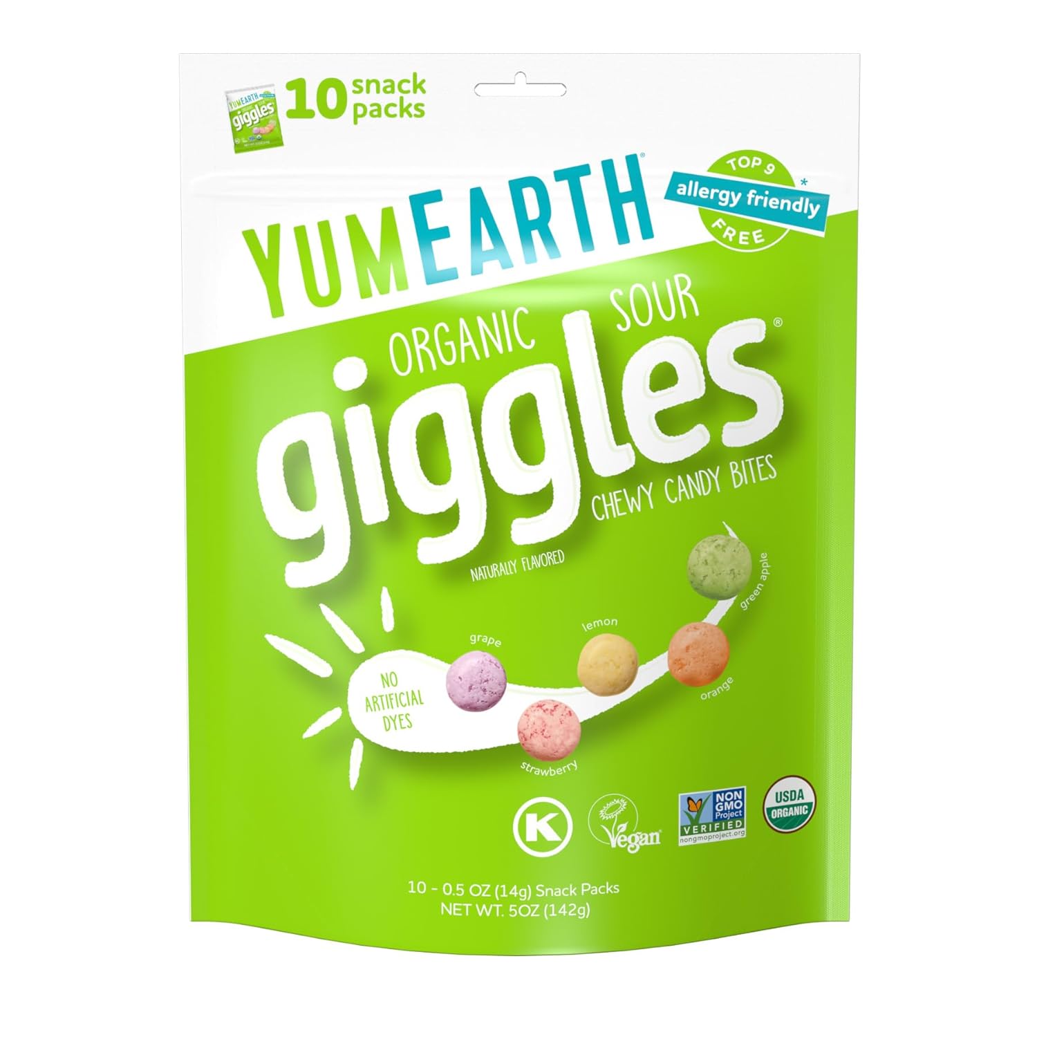 Organic Sour Giggles Chewy Candy - Allergy Friendly (Top 9 Free), No Artificial Dyes or Flavors, Non GMO, Gluten Free, Vegan - Individually Wrapped Sour Snack Packs - 0.5 Ounce (Pack of 10)