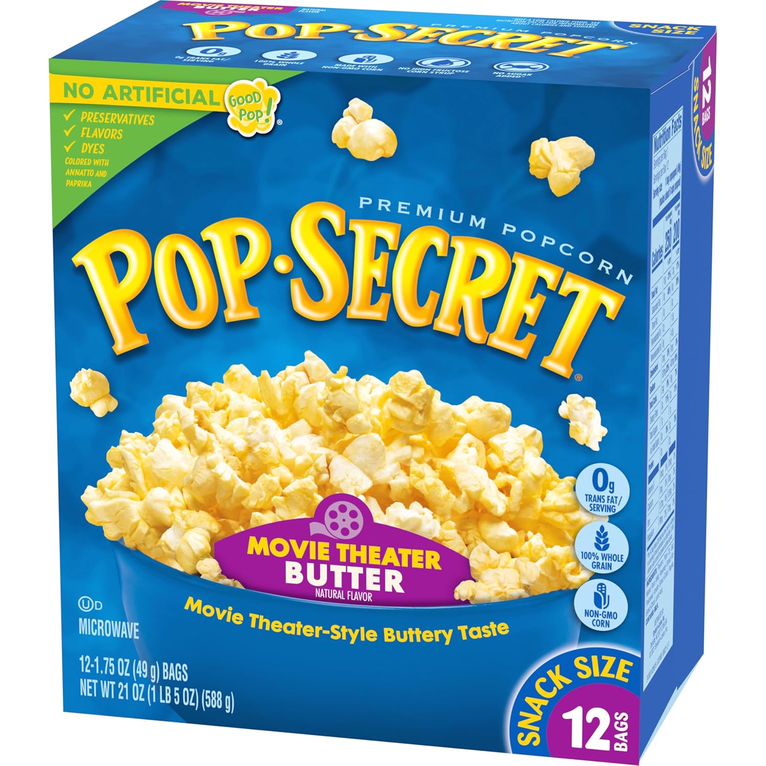 Pop Secret Microwave Popcorn, Movie Theater Butter Flavor, 1.75 Oz Snack Bags, (Pack of 12)