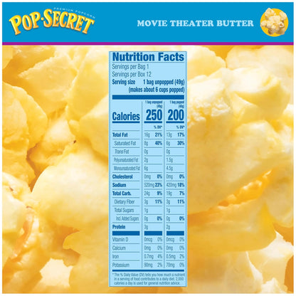 Pop Secret Microwave Popcorn, Movie Theater Butter Flavor, 1.75 Oz Snack Bags, (Pack of 12)