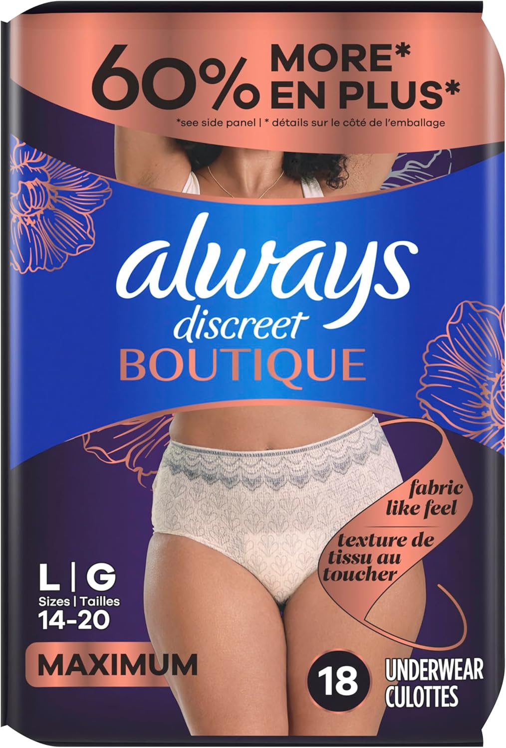 Boutique Incontinence and Postpartum Underwear for Women, Maximum Protection, Large, Rosy, 18 Count