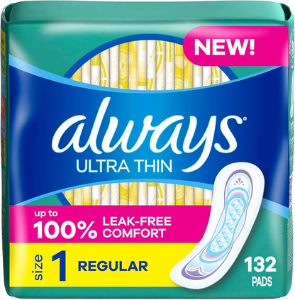 Ultra Thin Pads without Wings, Size 1, Regular, 132 Count (3 Packs of 44)