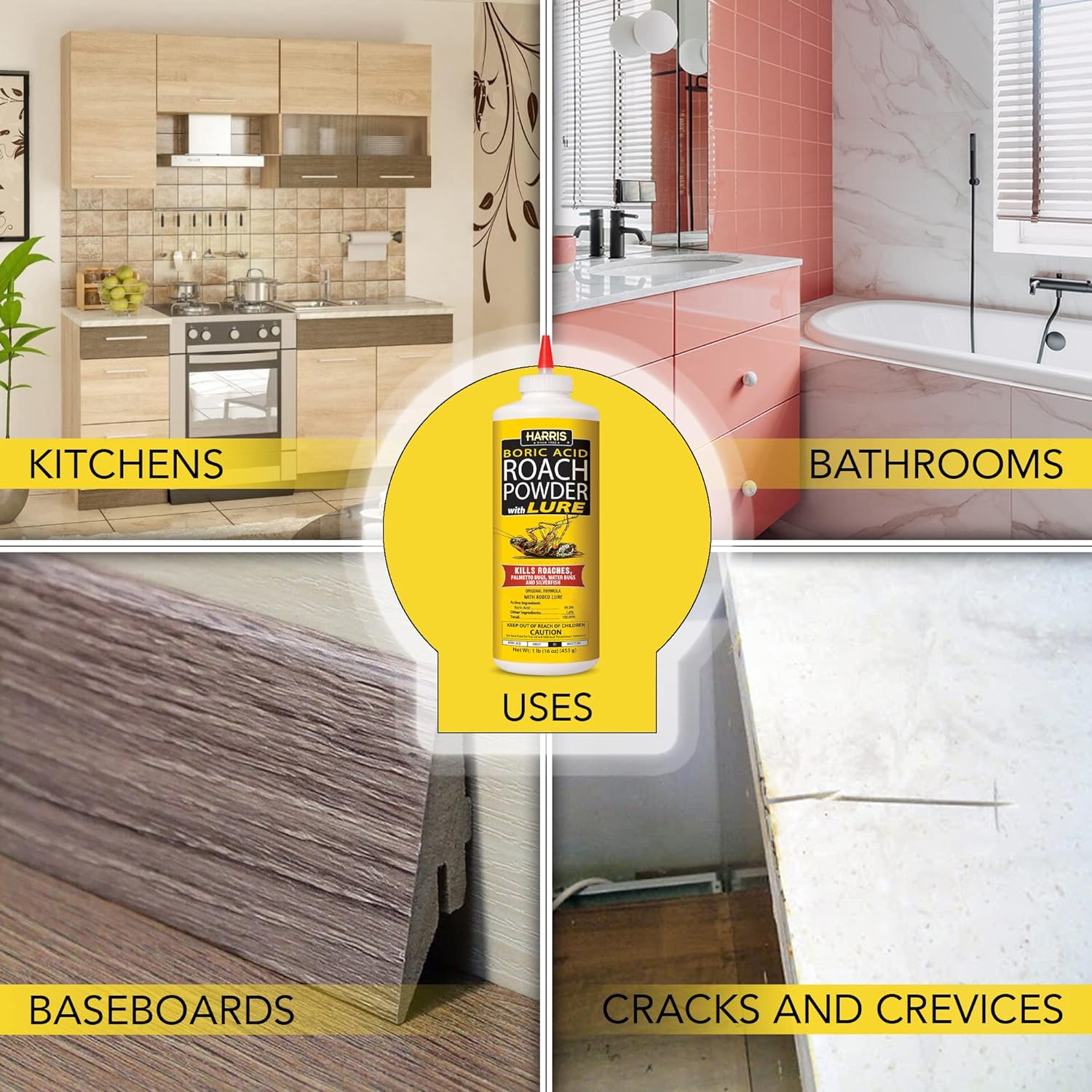 Boric Acid Roach and Silverfish Killer Powder W/Lure for Insects (16Oz)