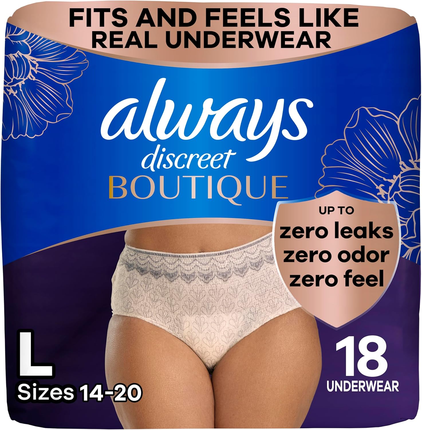 Boutique Incontinence and Postpartum Underwear for Women, Maximum Protection, Large, Rosy, 18 Count