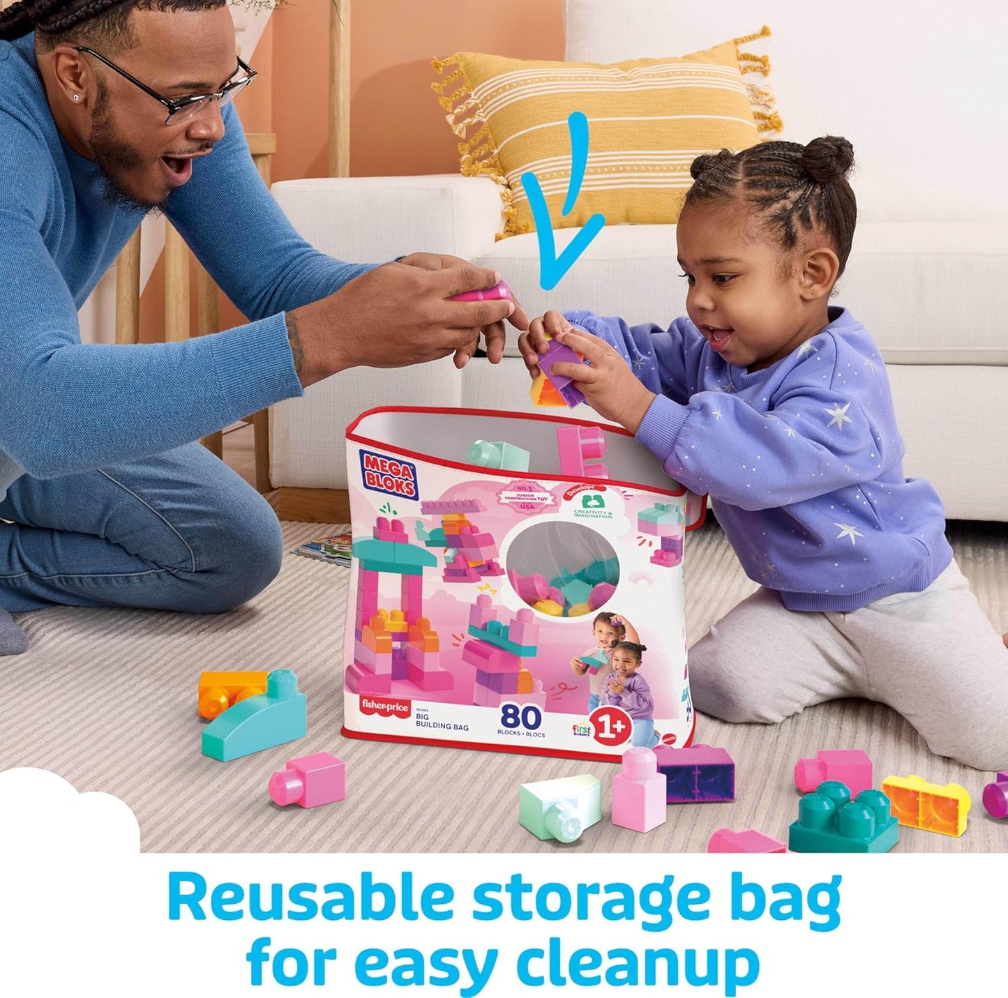 MEGA BLOKS First Builders Toddler Blocks Toys Set, Big Building Bag Collection with 80 Pieces and Storage, Pink, Ages 1+ Years